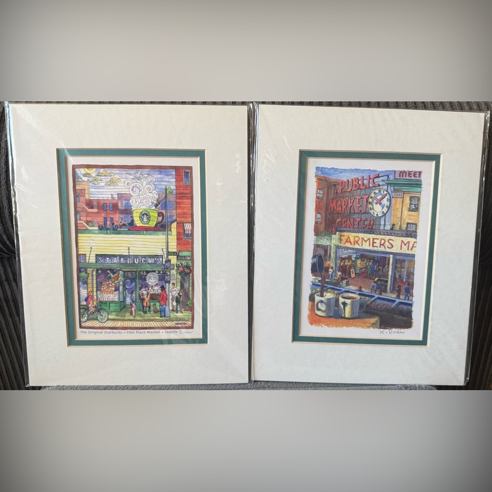 Lot of 2 Kim Drew New Starbucks Art Print Artist Signed Seattle Farmer’s Market